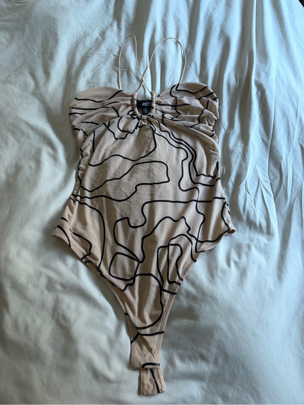 Beige Abstract-Print One-Piece sheer lined bodysuit